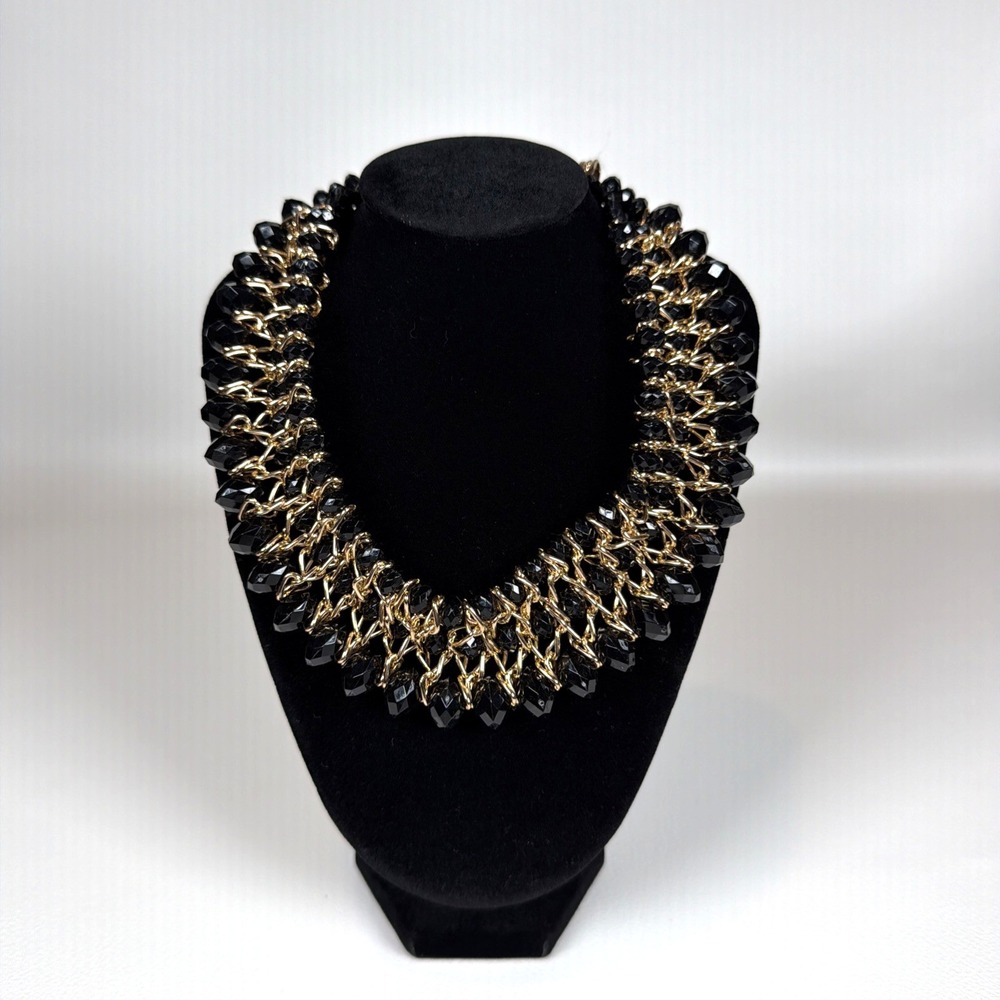 Black Faceted Bead Gold Tone Chunky Statement Necklace Bib Collar Glam